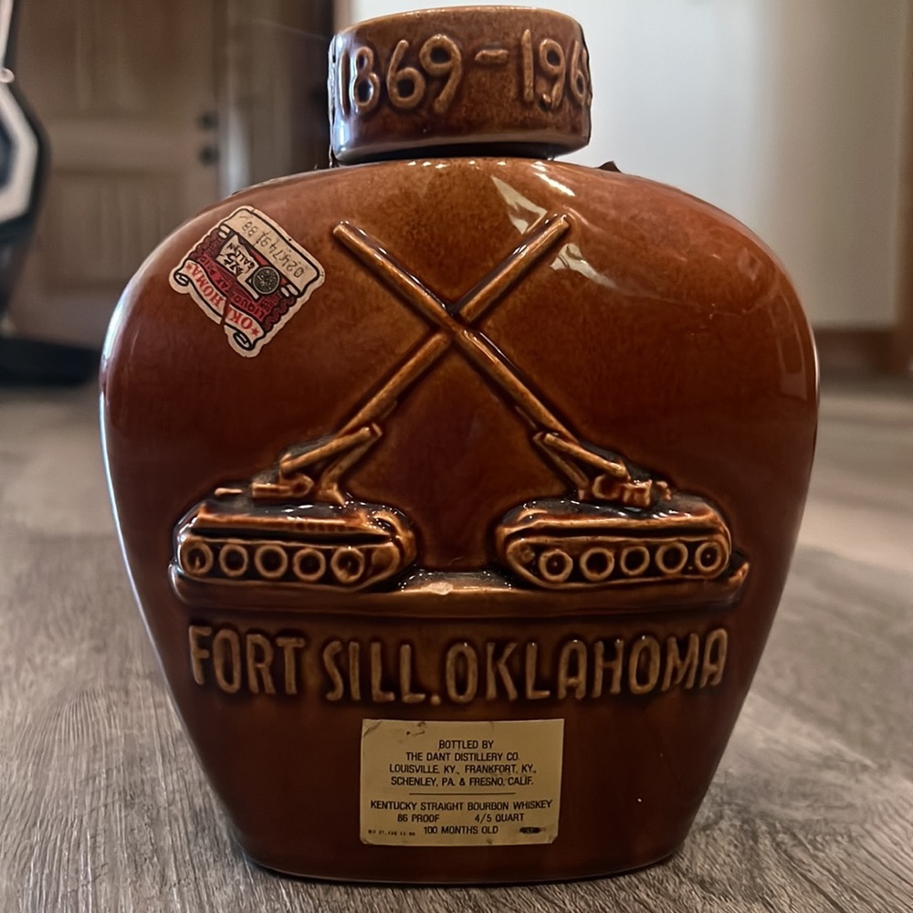 Rare signed & stamped Fort Sill centennial liquor bottle, EUC